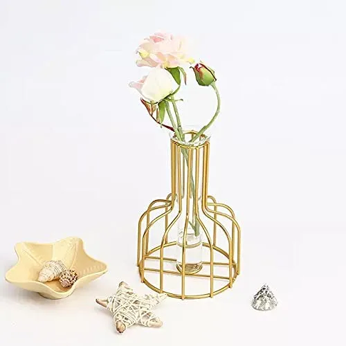 UNIQUE ART Glass Propagation Station with Metal Frame, Test Tube Vase for Flower Decoration Gold vase 6In (Pack of 1)