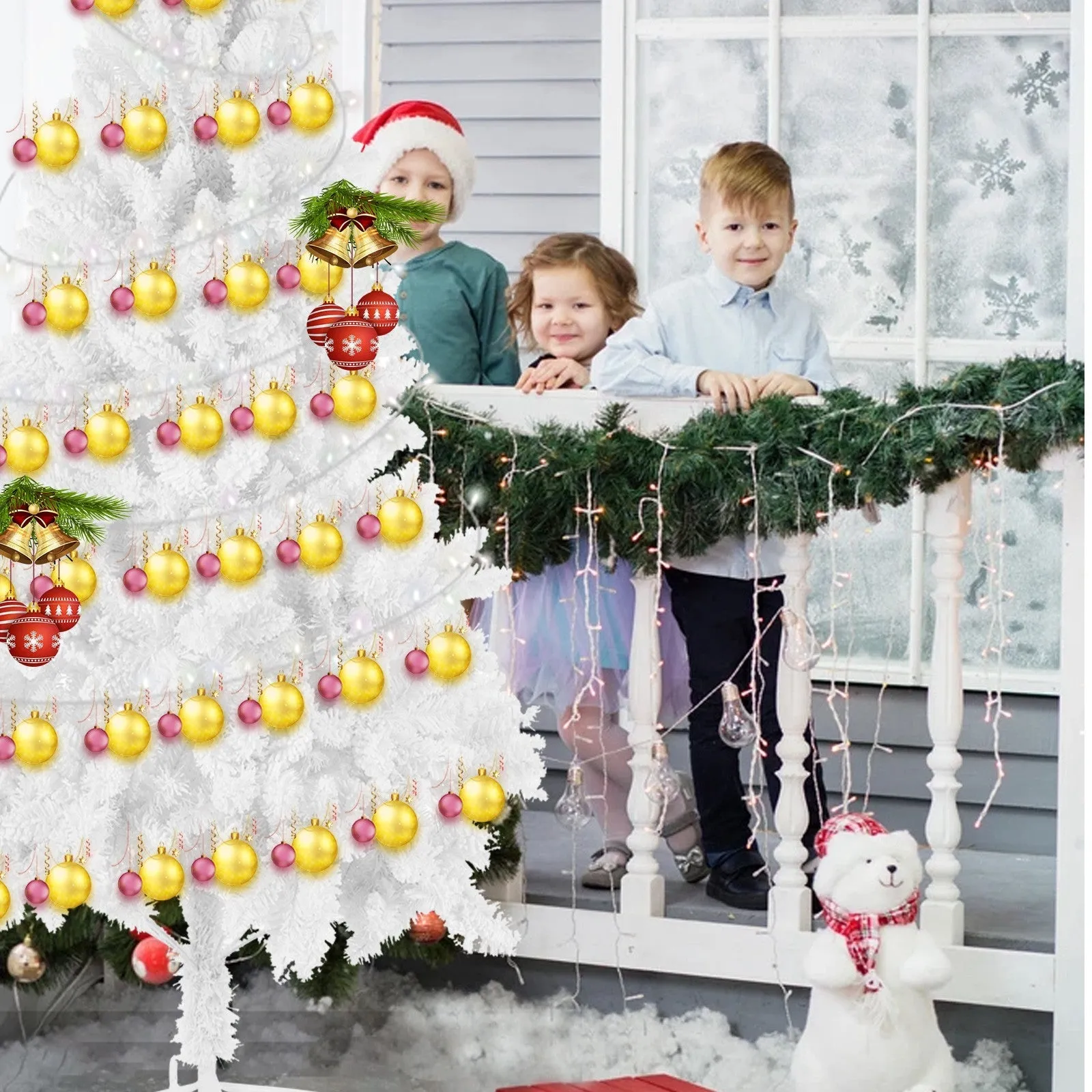 White Artificial Snow Flocked Christmas Tree, 7ft  Full Tree, With  Metal Stand