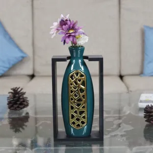 Wonderland Ceramic Flower Vase in a Frame Unique Quality for Home Decor, Center Table, Flowers Pot, Bedroom Side Corner, Living Room 12x6x25 CM Green