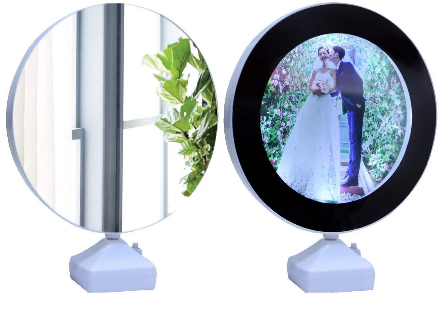 Yaayi Magic Round Mirror Photo Frame with LED Lights for Wedding Anniversary, Birthday Gift, Home Decoration, Best Gift for Husband & Wife