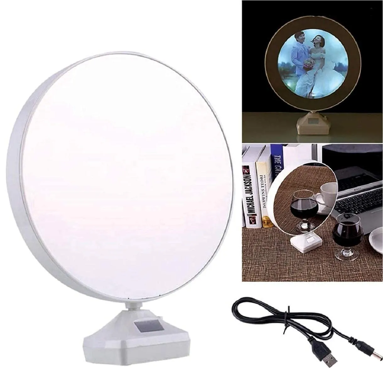 Yaayi Magic Round Mirror Photo Frame with LED Lights for Wedding Anniversary, Birthday Gift, Home Decoration, Best Gift for Husband & Wife