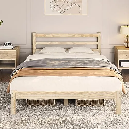 Yaheetech Full Bed Frames Solid Pine Wood Platform Bed with Paneled Headboard, Wicklow Style/Wooden Slats Support/Noise-Free/7.5 inch Space Underneath/No Box Spring Needed/Easy Assembly, Wood Full Bed