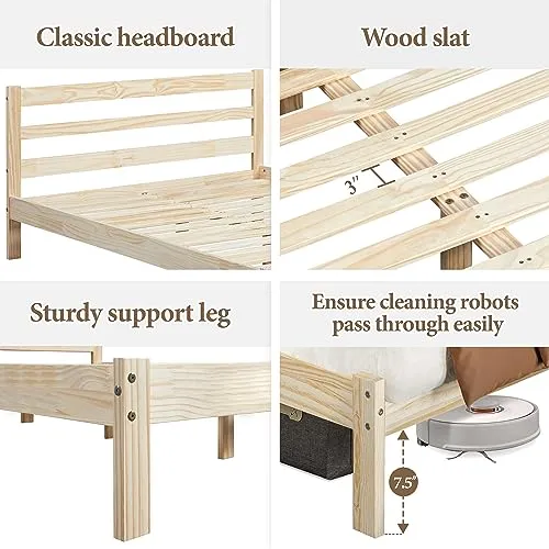 Yaheetech Full Bed Frames Solid Pine Wood Platform Bed with Paneled Headboard, Wicklow Style/Wooden Slats Support/Noise-Free/7.5 inch Space Underneath/No Box Spring Needed/Easy Assembly, Wood Full Bed