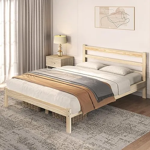 Yaheetech Full Bed Frames Solid Pine Wood Platform Bed with Paneled Headboard, Wicklow Style/Wooden Slats Support/Noise-Free/7.5 inch Space Underneath/No Box Spring Needed/Easy Assembly, Wood Full Bed