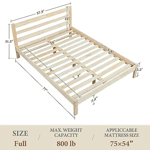 Yaheetech Full Bed Frames Solid Pine Wood Platform Bed with Paneled Headboard, Wicklow Style/Wooden Slats Support/Noise-Free/7.5 inch Space Underneath/No Box Spring Needed/Easy Assembly, Wood Full Bed